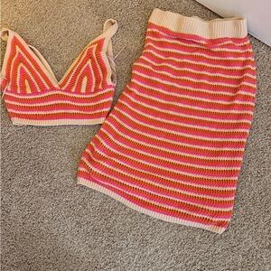 Lena Striped Knit Midi Skirt in Pink and Cream